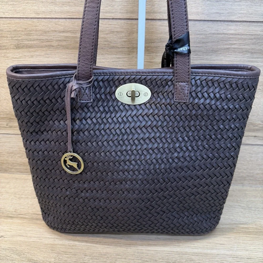 Ashwood Woven Leather Shoulder Bag Tote Chocolate Brown Gold Turnlock Boho Purse
